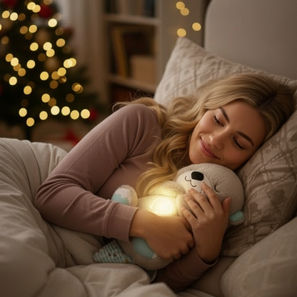 Chica rubia con peluche luminoso